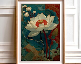 Väggkonsttryck med lotusblomma | Digital nedladdning av vintage orientalisk botanisk
