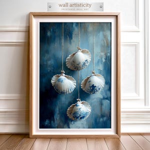 Blue Floral Seashell Print: Coastal Nautical Wall Art (Digital Download)