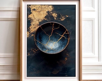 Kintsugi Art Print: Japanese Gold Cracked Bowl, Wabi Sabi (Digital Download)