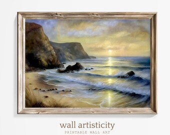Sunset Ocean Landscape | Digital Wall Art | Instant Download | Coastal View Painting