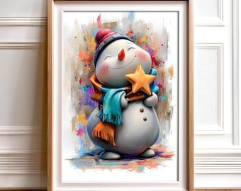 Stampa acquerello di un pupazzo di neve: decorazione natalizia per la cameretta dei bambini (download digitale)