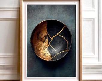Minimalistisches Kintsugi Wandbild: Schwarz & Gold, Wabi Sabi Dekor, Sofort Download