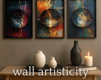 Kintsugi Bowl Digital Wall Art Set of 3, Japanese Gold Repair Decor, Instant Download