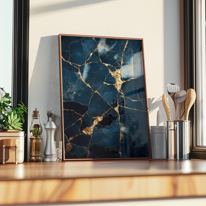 Kintsugi Wall Art Print: Golden Crackle Blue Marble (digital Download ...