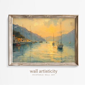 Coastal Seascape Digital Wall Art for Home Decor | Sunset Harbor Painting | Instant Download