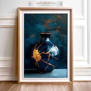 May include: A dark blue ceramic vase with gold cracks. The vase is sitting on a dark blue surface.