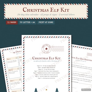 Könnte beinhalten: Ein druckbares Weihnachts-Wichtel-Set mit einem 24-Tage-Ideenkalender, Wichtel-Requisiten, Schildern und zwei Ankunftsbriefen. Das Dokument umfasst 11 Seiten in den Formaten US Letter und A4 mit roten und blauen Randverzierungen.