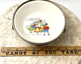 Large Porcelain and Metal Antique Baby Dish Nursery Rhyme Theme