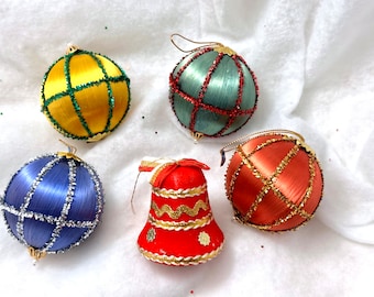 Set 5 Vintage Satin Christmas Ornaments Made In Japan Decorations Handmade Retro Fancy Ornaments