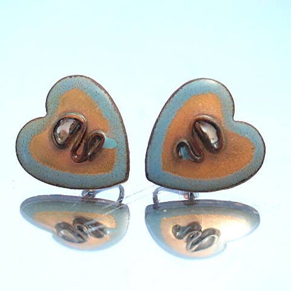 Vintage Copper & Enamel Heart Earrings Clip Screwback Earring Retro