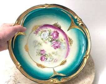 Large Antique Pink & Teal Roses Porcelain Bowl Shabby Romantic Home Decor Item