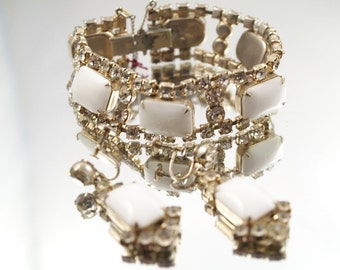 Vintage Rhinestone Bracelet Earrings Demi Parure White Clear Rhinestones Bridal Set Wedding Formal