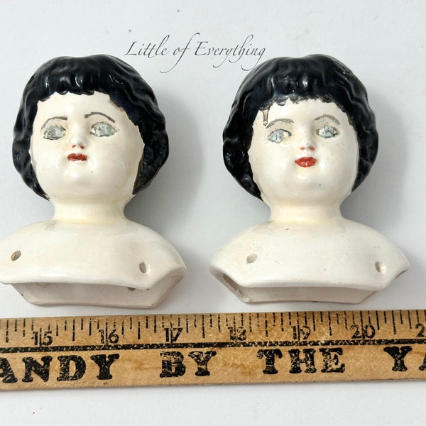 Two Creepy Vintage Doll Heads Hand Painted Porcelain Heads Altered Assemblage Art