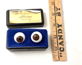 Pair  Vintage 20mm German Glass Eyes New Old Stock Brown Eyes Germany Doll Making Mixed Media Altered Art Supply.