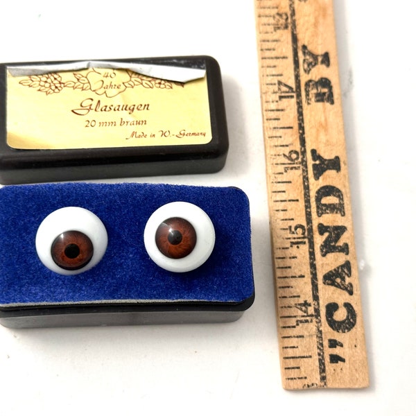 Pair  Vintage 20mm German Glass Eyes New Old Stock Brown Eyes Germany Doll Making Mixed Media Altered Art Supply.