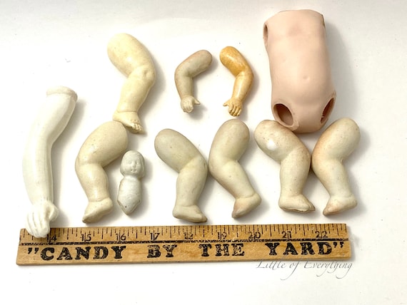Large  Doll Part Lot Heads Arms Legs Vintage Parts Unpainted Bisque Porcelain Altered Assemblage Art