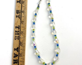 Vintage Glass Three Color Clear Blue Light Green Single Strand Bead Necklace