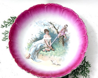 Antique Cherub Angel & Woman Pink Cottage Core Porcelain Bowl Shabby Romantic Home Decor Item