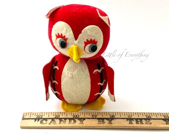 Vintage Retro Owl Pincushion Red Velvet Sawdust Stuffed Owl Sewing Accessory