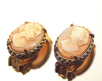 Vintage Cameo Clip Earring Carved Shell Cameo Gold Tone Earrings