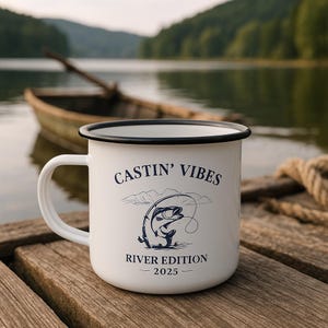 Castin’ Vibes River Edition 2025 Camping Mug, Fishing Gift for Dad Grandpa or Uncle, Outdoorsman Enamel Mug, Rustic Lake House Coffee Cup
