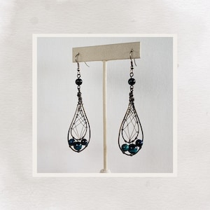 Midnight Snare Brass Earrings – Blue-Green Tiger’s Eye – Wire Wrapped Rustic Boho Jewelry – Unique Handmade Gift