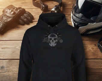 Sudadera con capucha de motociclista de estilo vintage: calavera y motocicletas. Ropa urbana "Born to Ride" para fanáticos de las motocicletas. Un regalo para él.