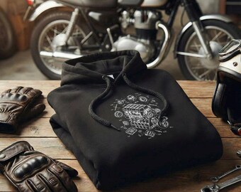 Sudadera con capucha y vista despiezada del motor de motocicleta: regalo para moteros y mecánicos. Sudadera con capucha de motocicleta.