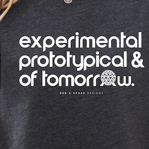 May include: Dark grey heather t-shirt with the text "experimental prototypical & of tomorrow." in white, along with a geometric globe design. The shirt also features the text "HUB & SPOKE DESIGNS".