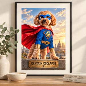 May include: A framed wall art print featuring a curly-haired dog dressed as a superhero with a blue mask, a blue suit with a gold paw print emblem, and a flowing red cape. The dog stands before a city skyline, with a plaque reading CAPTAIN COCKAPOO.