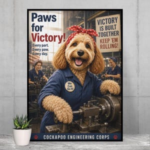 May include: A framed poster with a Cockapoo dog in a blue jumpsuit and red bandana, similar to Rosie the Riveter. The poster includes the text "Paws for Victory!" and "We Can Do It!" with a factory backdrop. The bottom reads "Cockapoo Engineering Corps."