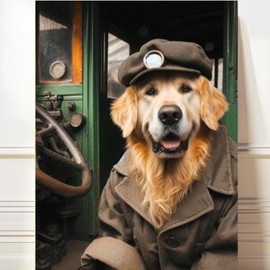 Golden Years Vintage Engineer - Golden Retriever Train Driver      * PRINT ONLY *