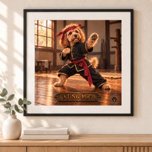May include: A framed wall art print featuring a golden-brown dog wearing a black martial arts uniform with a red sash and headband. The dog is in a fighting stance. Below the dog, a plaque displays the text KUNG POO in gold lettering.