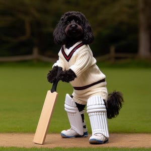 May include: A black dog wearing a white cricket sweater, white pads, and black shoes holds a wooden cricket bat.