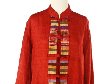 Vintage Red Oriental Style Jacket Colorful Trim Mandarin Collar Sz ML - Hey Viv