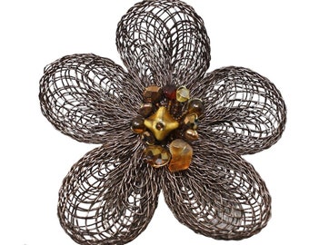 Vintage Statement Flower Pin Brooch in Woven Wire & Beads 4.75" Across - Hey Viv