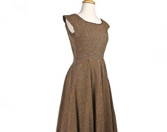 Vintage 50s Full Skirt Dress Brown Nubby w Color Flecks Metal Zip Size S Waist 26 - Hey Viv