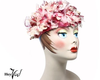 Vintage Pink White Fuchsia Silk Flower & Fine Feather Floral Net Hat - Hey Viv