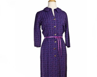 Vintage Dark Purple Paisley Print Sheath Dress w Gold Buttons Sz Small - Hey Viv