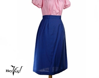 Vintage La Bene Blue Fitted Pencil Skirt w Buttoned Slit in Back Waist 27 Length 27 - Hey Viv