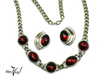 Vintage Statement Gold & Red Necklace and Pierced Earrings Set - Hey Viv