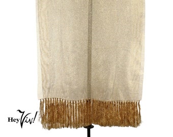 Vintage Gold Sheer Mesh Scarf Shawl Wrap w Fringe Lightweight 22" Wide x70" Long - Hey Viv