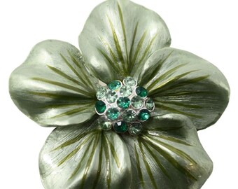 Vintage Shimmer Green Curvy Metal Flower Pin Brooch w Rhinestones 2.25"- Hey Viv