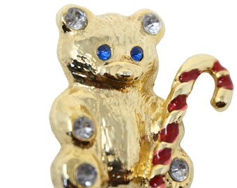 Vintage Christmas Holiday Teddy Bear Pin Brooch Gold w Red Enamel 1.5" - Hey Viv