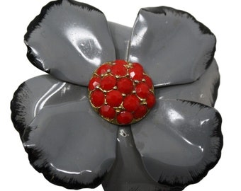 Vintage Metal Enamel Flower Brooch Pin in Grey Black Red Large 2.5 Inch -Hey Viv