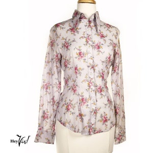 Vintage 70s Fitted Long Sleeve Semi Sheer Blue Pink Floral Blouse Sz S - Hey Viv