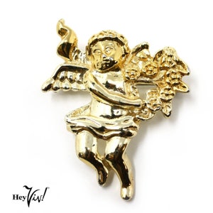 Vintage 2&quot; Gold Valentine Angel Pin Brooch - Flying to You with Flowers - Hey Viv