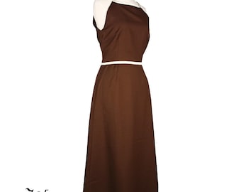Vintage 80s Brown Crepe Midi Dress White Satin Trim Lined Size Small - Hey Viv