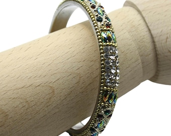 Vintage Ornate Rhinestone Bangle Bracelet 1/2" Wide Iridescent Sparkle - Hey Viv