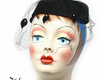 Vintage Black Velvet Halo Ring Hat w Veil and Rhinestone Leaf Trim - Hey Viv